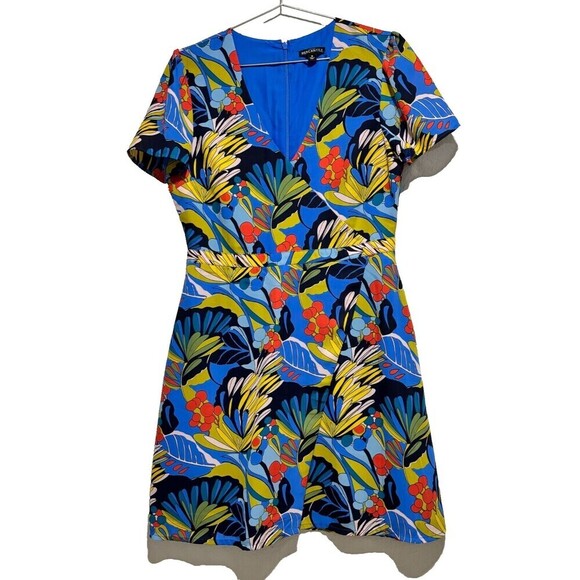 J Crew Mercantile A Line Faux Wrap Dress Blue 8 Colorful Floral Print Tropical - Picture 2 of 14